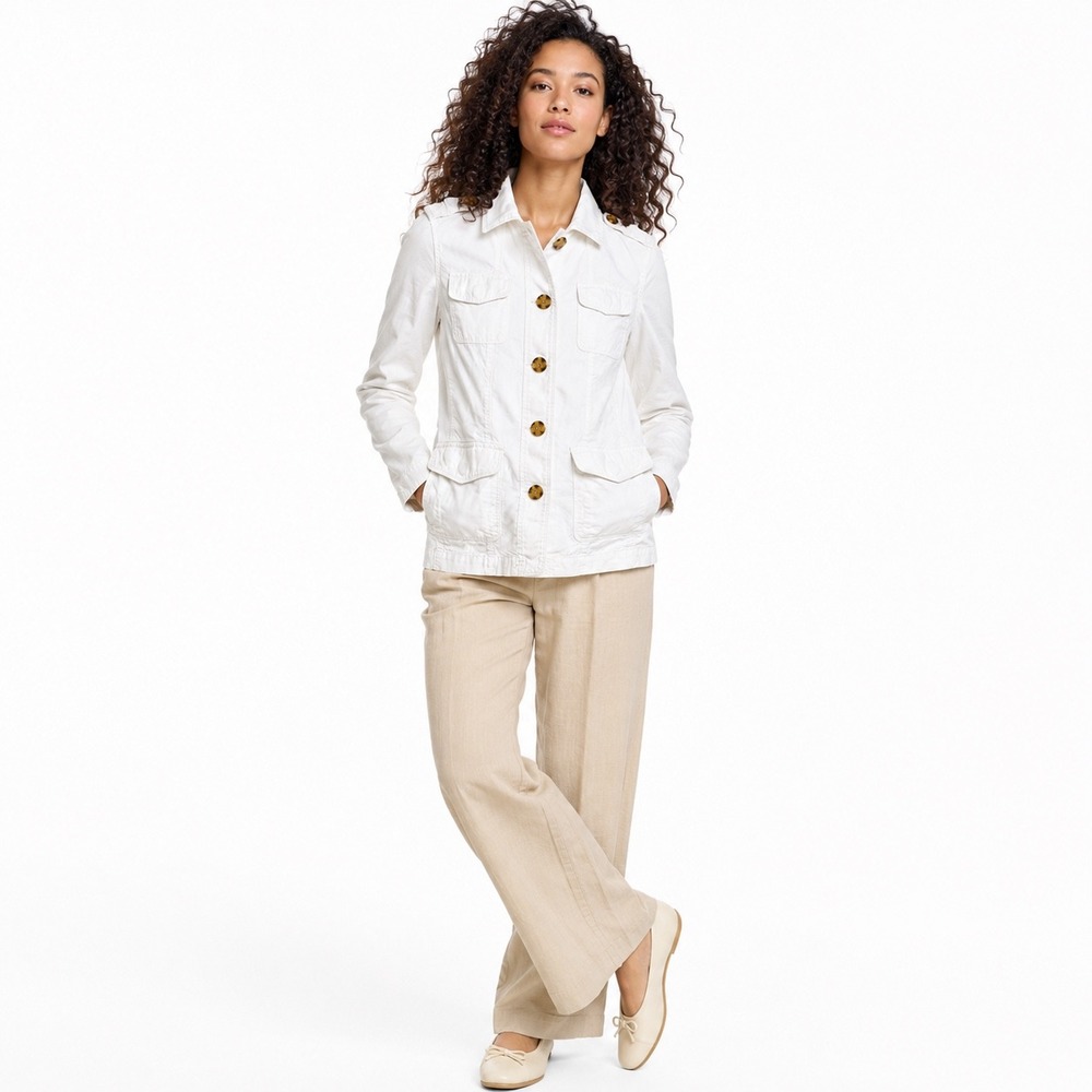 Talbots Safari Jacket 100% Cotton Ivory White Utility Coastal Grandma Women XS